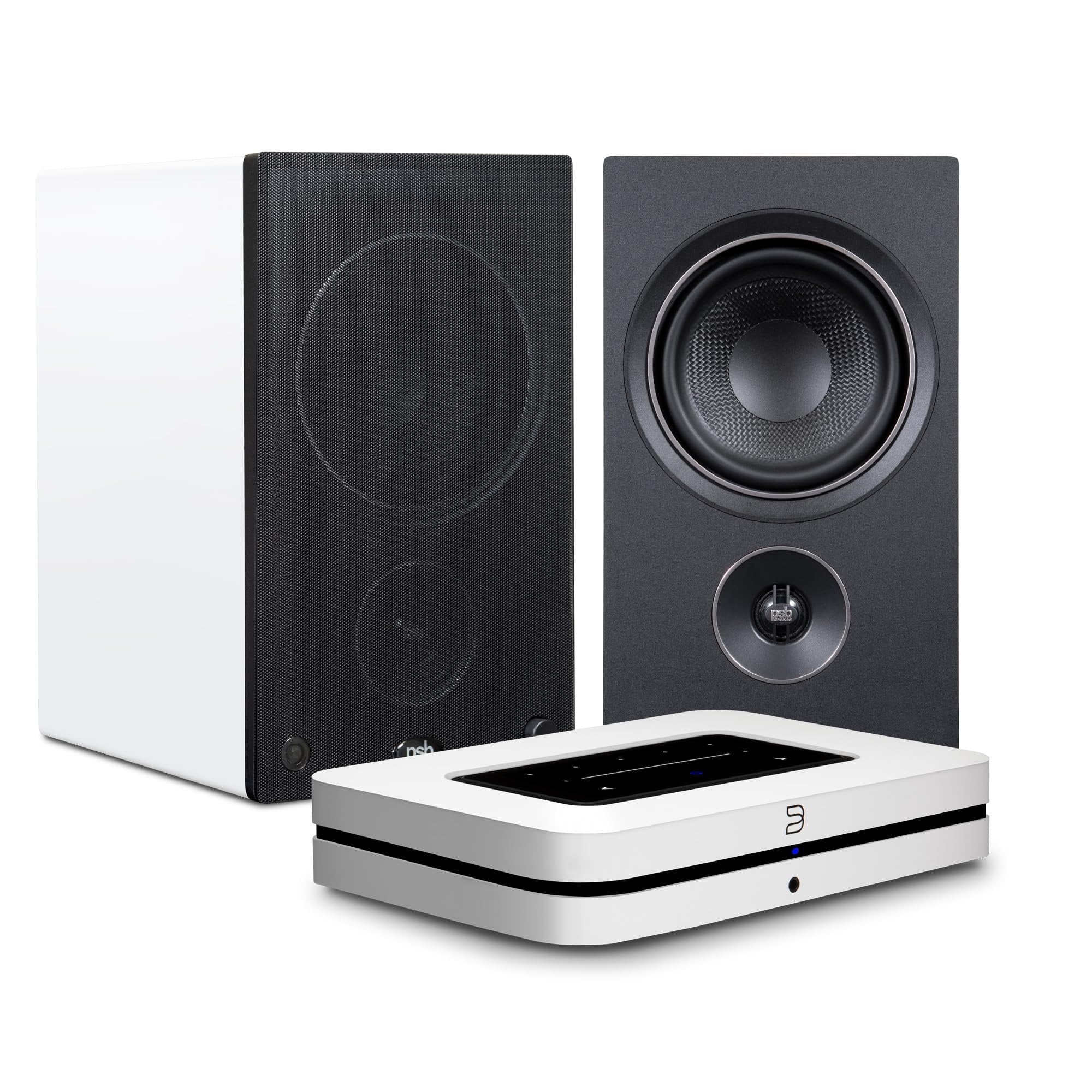 PSB Speakers Alpha AM5 Powered Bookshelf Speakers with Bluesound Node Music Streamer (Bundle) - White